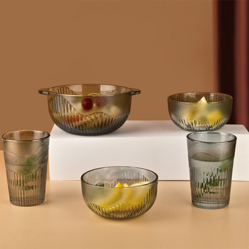 Japanese tableware vertical patterned glass bowl set, home dessert double-eared bowl five-piece set, insurance and bank event gifts Specification drawing
