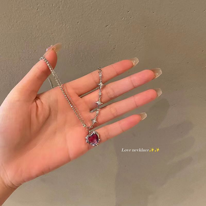 Shop owner's recommendation! Sweet and cool big pink diamond heart-shaped necklace for women, summer neck chain and collarbone chain for women, new style for women in 2023 Specification drawing