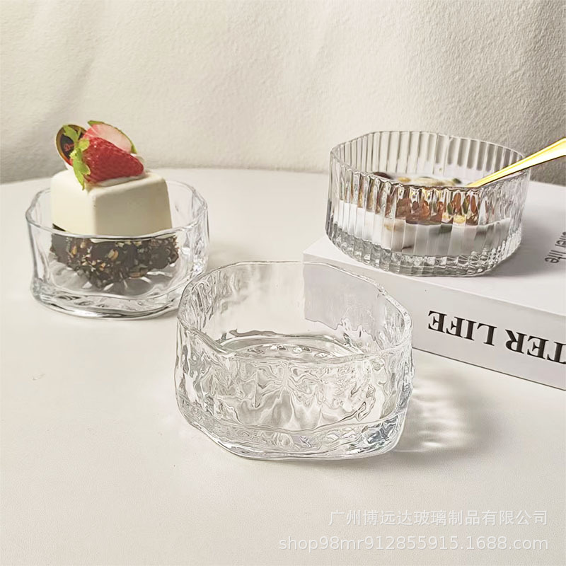 New Chinese-style sugar water bowl, irregular transparent glass bowl and plate set, high appearance level, dessert bowl, fruit yogurt, bird's nest bowl full figure