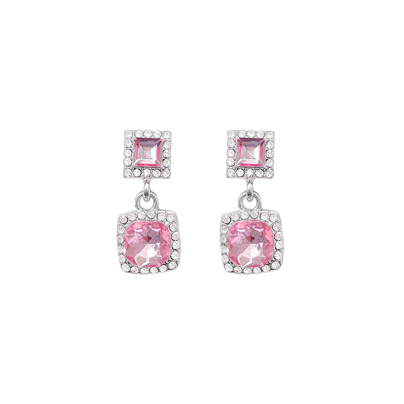 Super shiny and exquisite pink zircon square stud earrings for women, a light luxury and niche design, high-end earrings, fashionable and retro earrings Item Picture