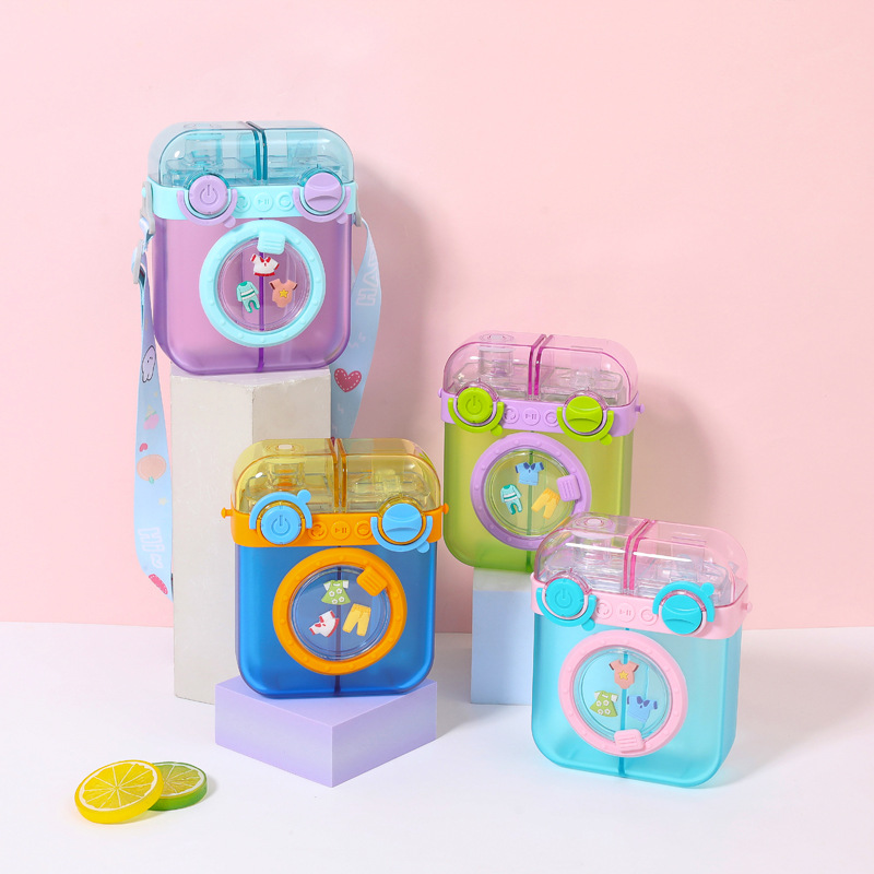 Wholesale cross-border e-commerce creative and cute washing machine compartment cups, portable shoulder straps, children's spout, double-drinking plastic water cups full figure