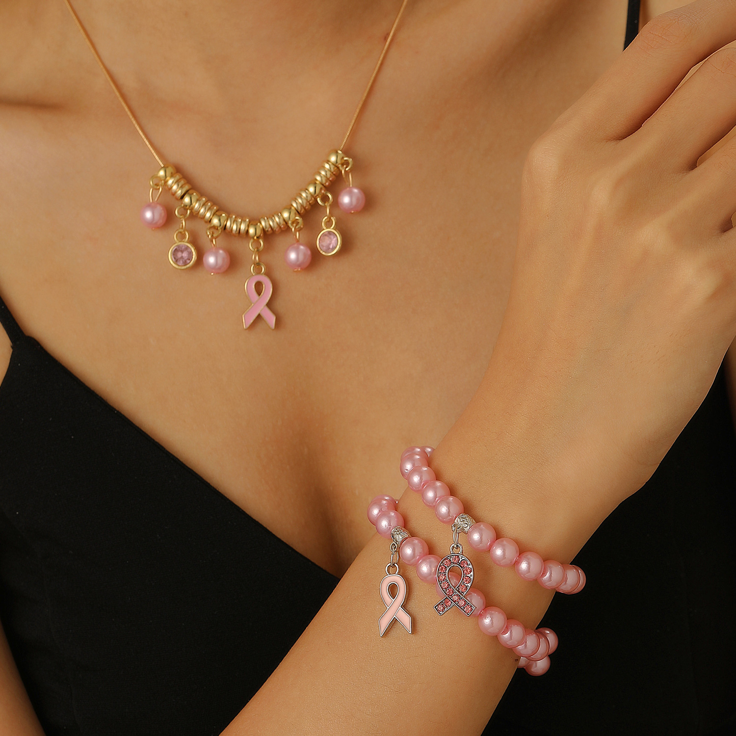 European and American cross-border jewelry, breast logo pink ribbon pearl bracelet necklace set, ins Shambhala jewelry for women full figure