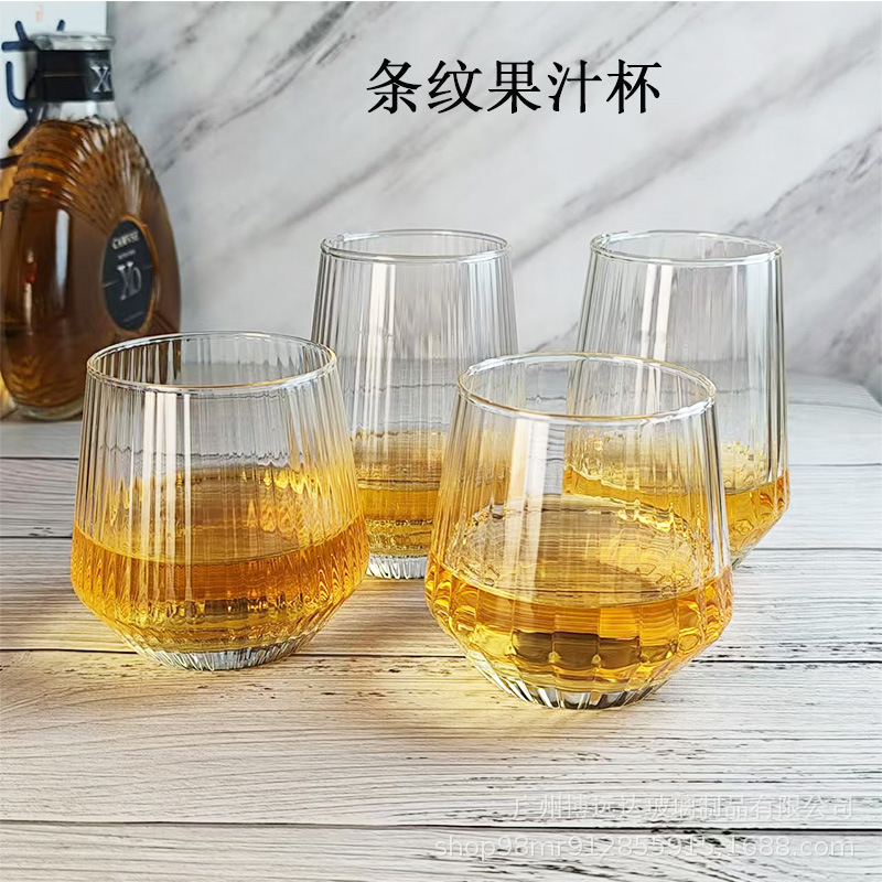 Large-bellied glass cups, juice cups, cold drink cups, sparkling water cups, fruit tea cups, beverage cups, whisky glasses, striped glasses details Picture