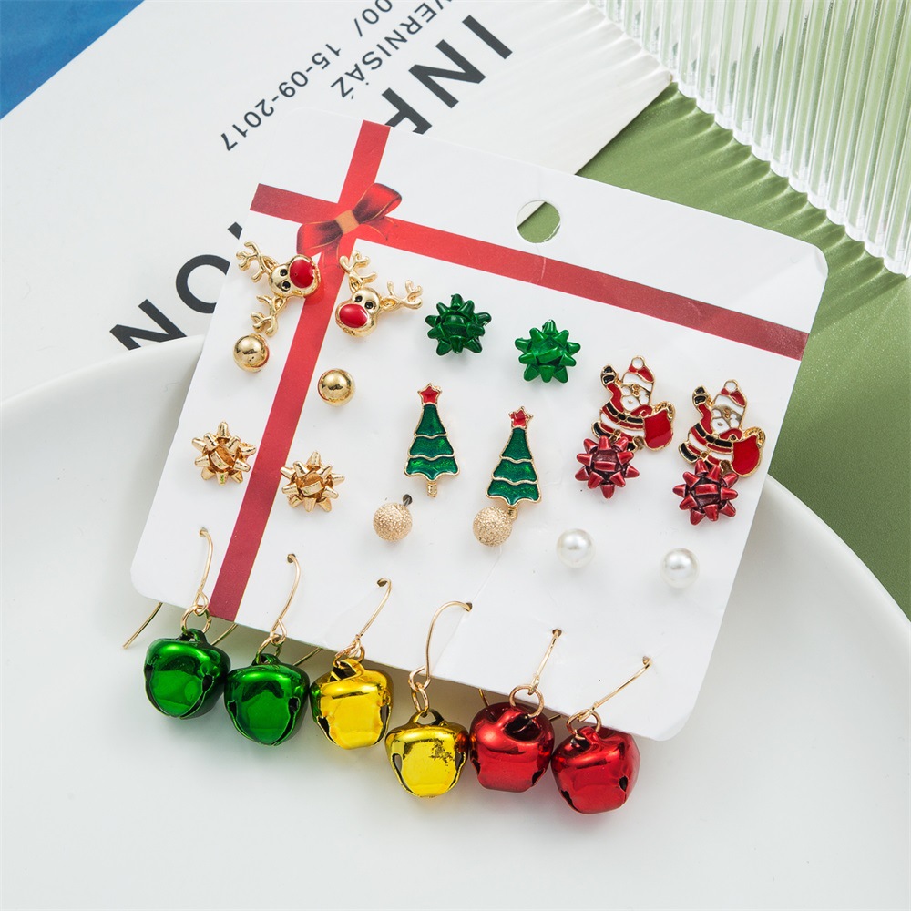 Christmas set earrings, Santa Claus oil-dripping earrings, bells, Christmas tree earrings, 12-piece set, card-mounted earrings for women details Picture