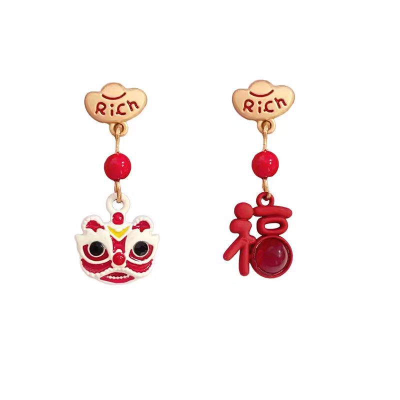 Lion Dance New Year earrings are suitable for winter. Red autumn and winter women's unique and elegant high-end earrings Item Picture
