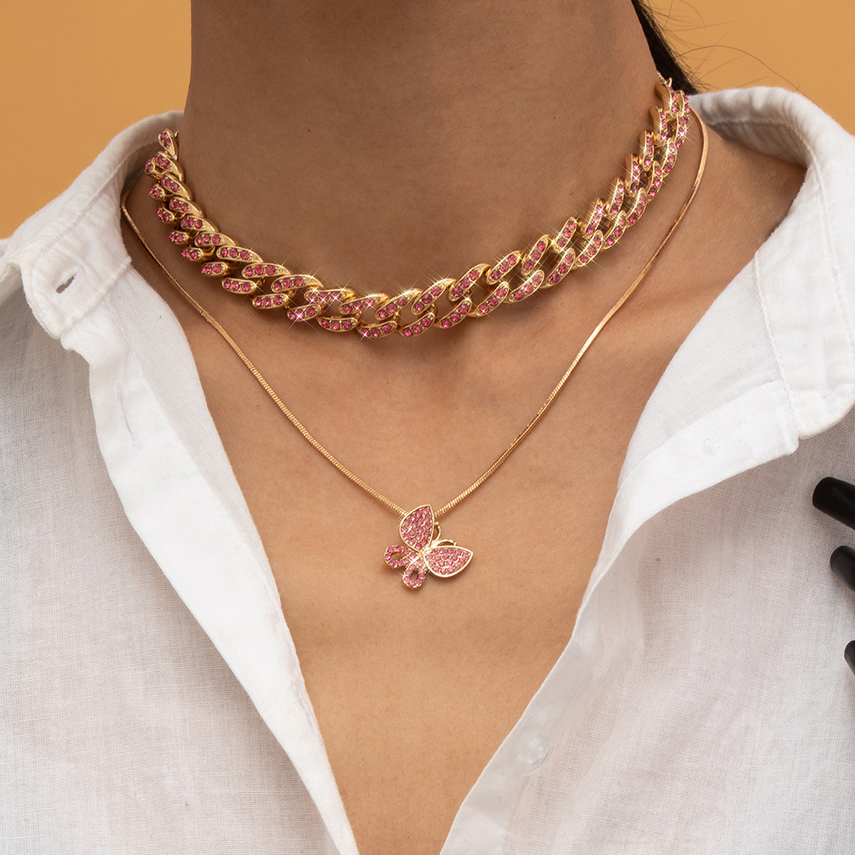 European and American cross-border jewelry, retro butterfly rose gold collarbone necklace, simple Cuban clasp snake bone chain necklace Specification drawing