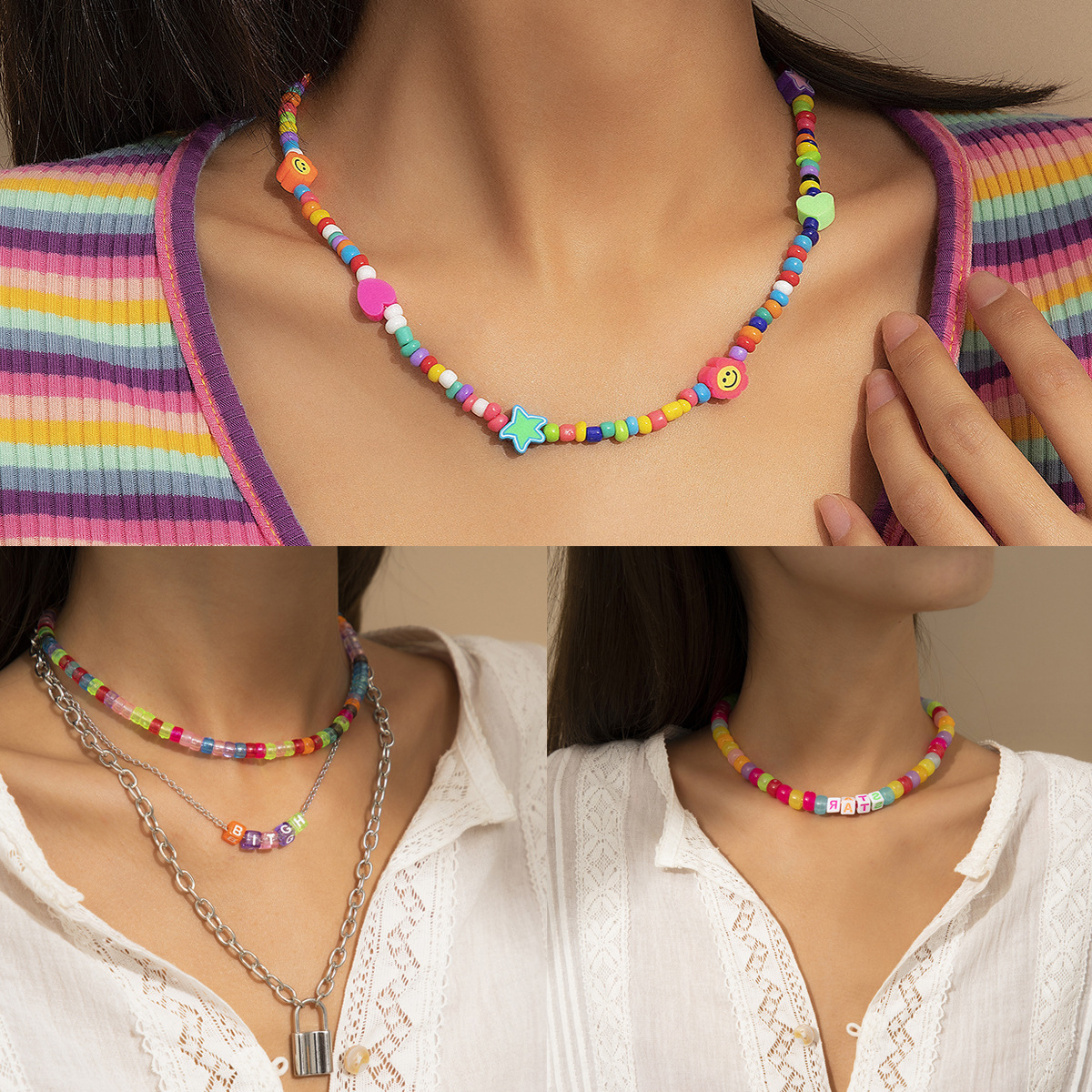 A cross-border handcrafted beaded soft ceramic smiling face necklace from Europe and America, with a unique and simple style and a mix of rice beads and stars full figure