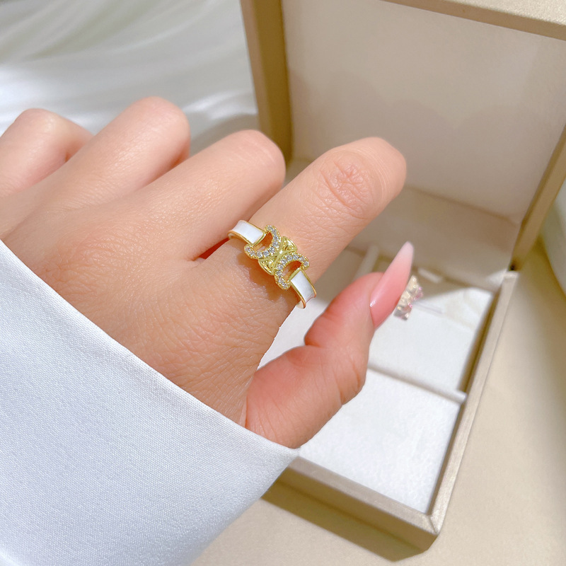 【 Real Gold 】 Oil-dripping double C Full diamond ring with adjustable opening, simple Japanese-style bracelet, couple rings details Picture