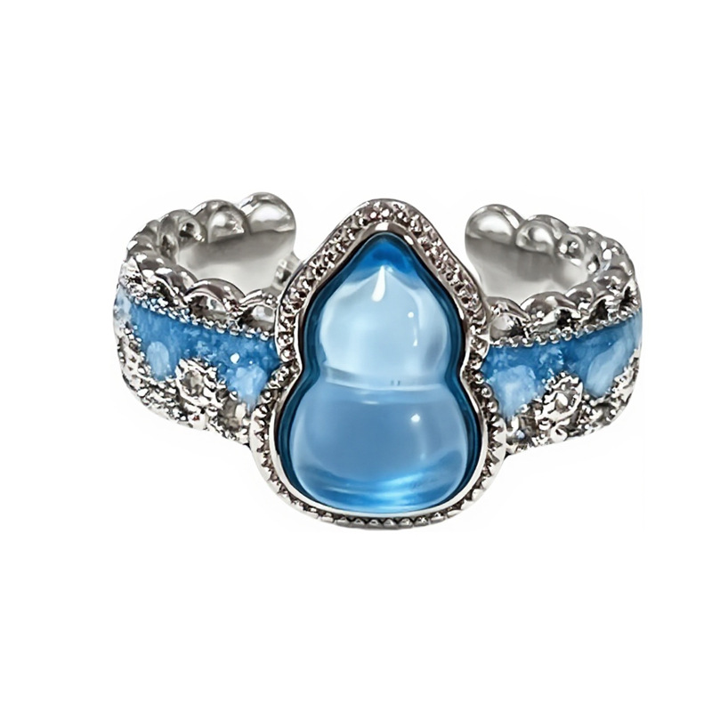 A new Chinese-style blue and white gourd ring with a gradient drip glaze for women, featuring a simple and elegant look Item Picture