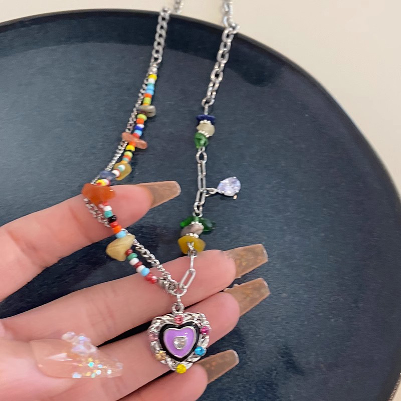 Seven-color stone heart-shaped glazed necklace for women's summer 2023, a new niche accessory, a sweet and cool hot girl collarbone chain details Picture