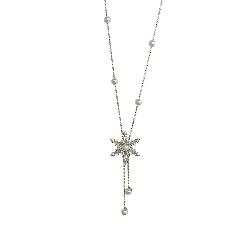 Autumn and winter snowflake tassel pearl necklace for women 2023 new style sweater chain, light luxury and niche collarbone chain Item Picture