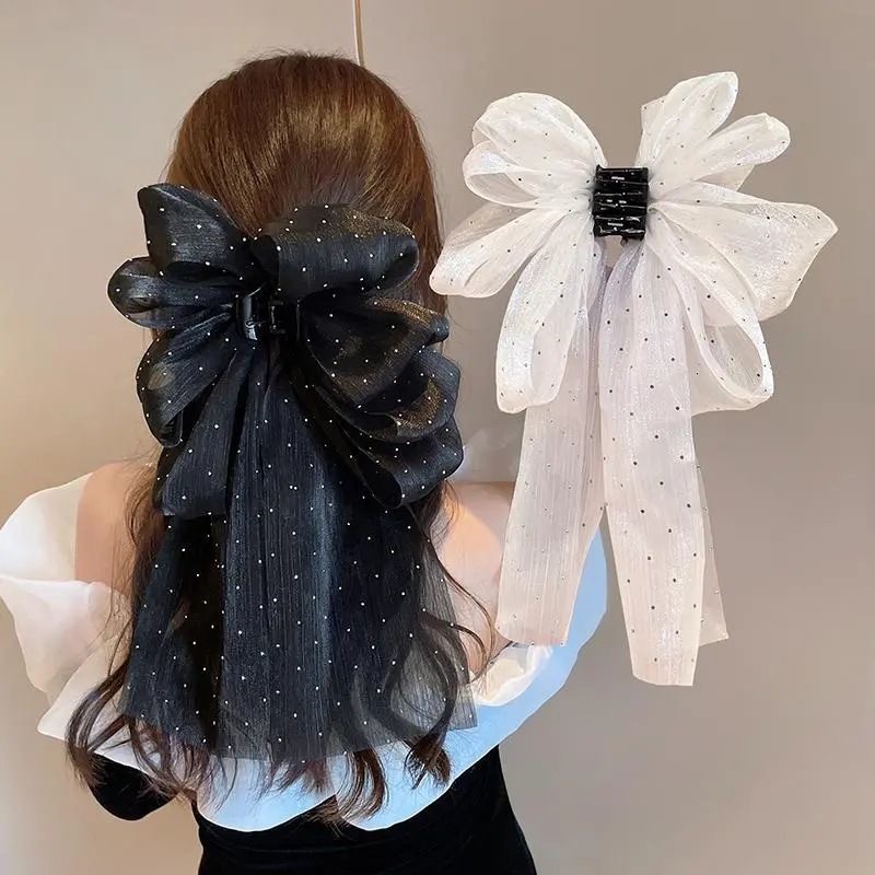 Elegant and stylish ribbon-shaped bow hair clip, new women's mesh fabric starry sky, back head clipper hair clip, headwear clip full figure