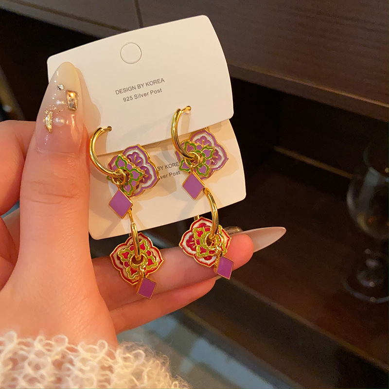 New Chinese-style vintage purple enamel earrings for women, unique and high-end earplugs, 2025 new ethnic earrings Specification drawing