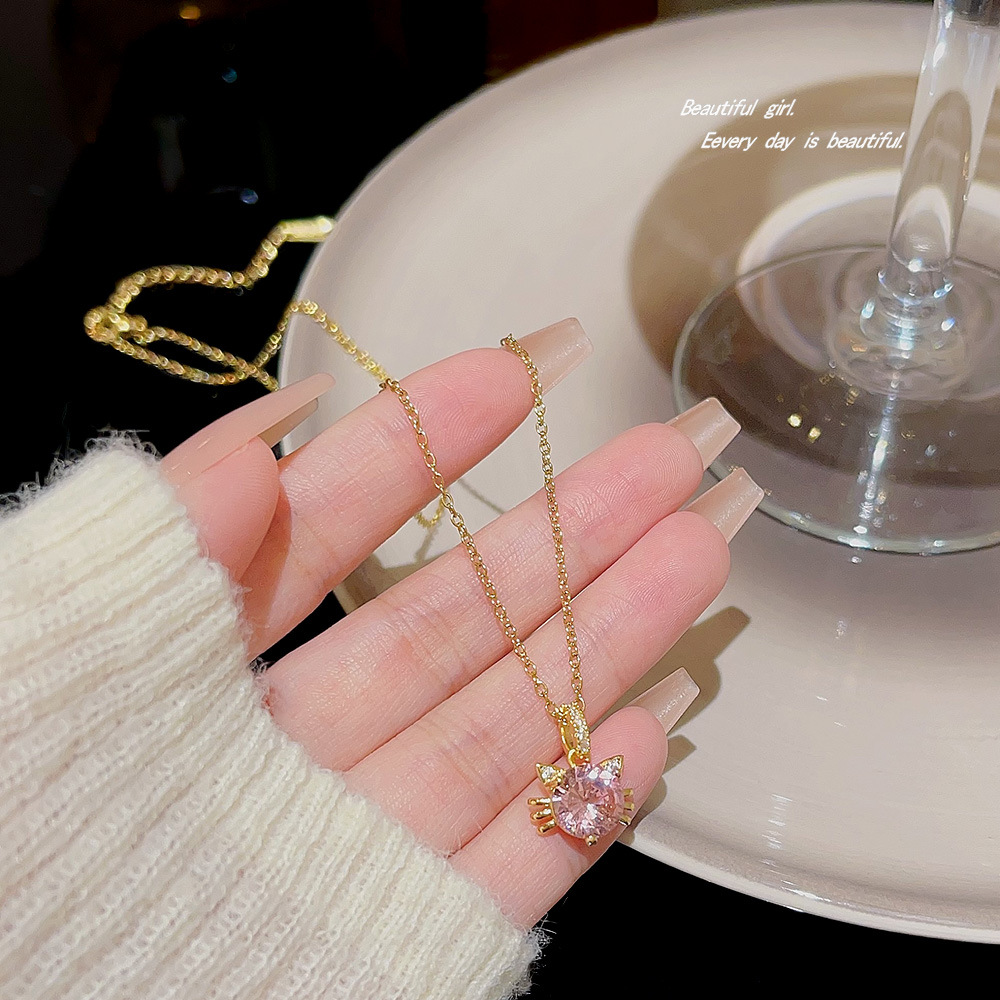 New pink cat necklace with a niche ins style design, versatile pendant, cute cartoon collarbone chain, and Yiwu accessories Specification drawing