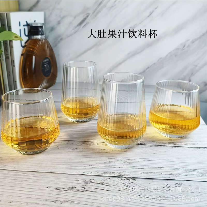 Large-bellied glass cups, juice cups, cold drink cups, sparkling water cups, fruit tea cups, beverage cups, whisky glasses, striped glasses full figure