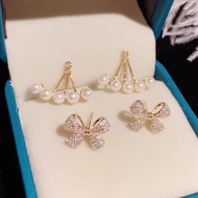 A pair of women's niche design bestseller earrings with two bow pearl stud earrings, a new bestseller in 2025 Specification drawing