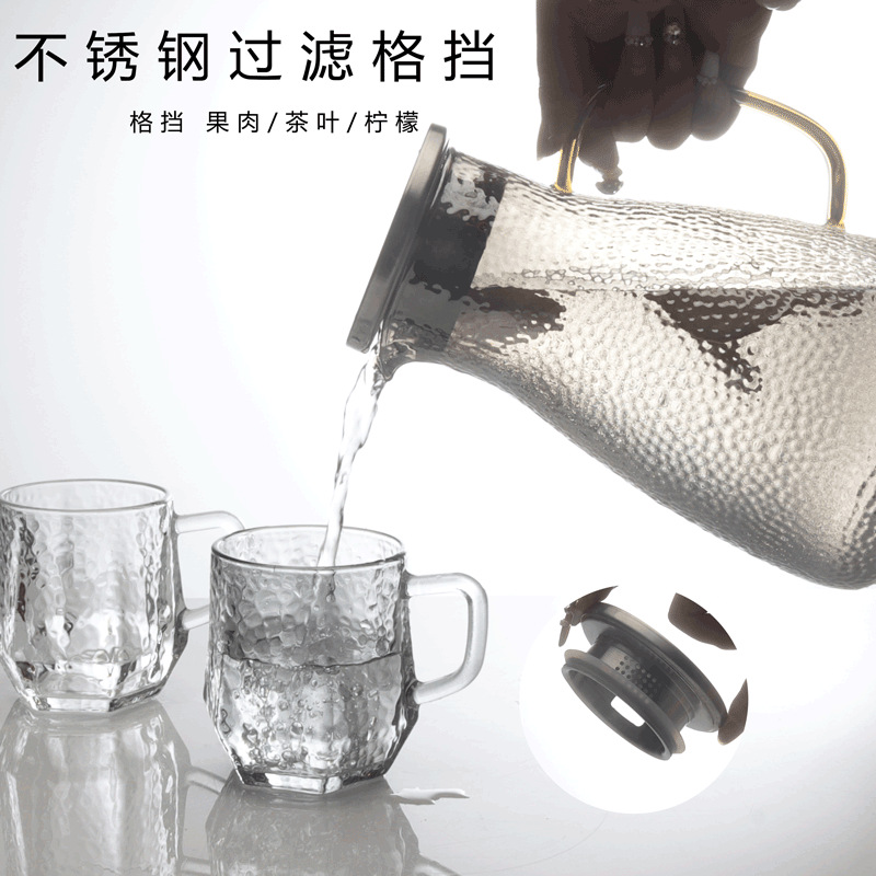 Simple household hammer-patterned cold water bottle glass large-capacity water cup set, high-temperature resistant transparent cold water bottle wholesale full figure