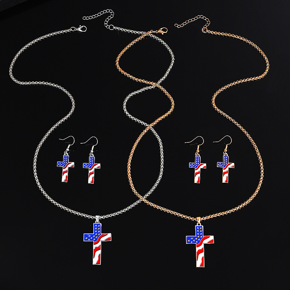 New American Independence Day jewelry set, European and American ins style Stars, Stripes, cross pendant, necklace and earrings set full figure