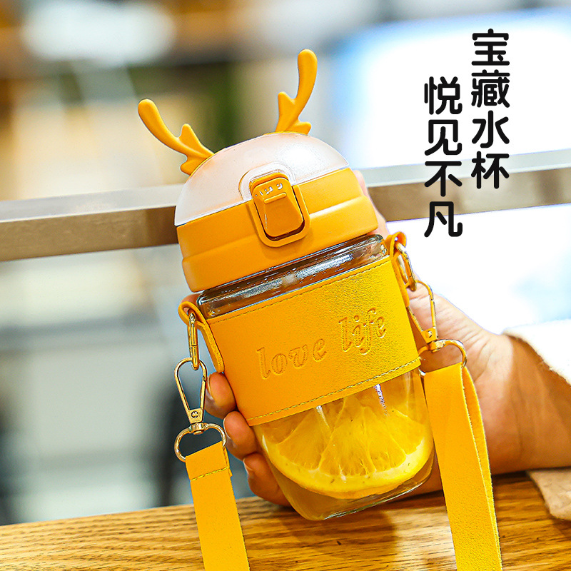 Elk straw water cup, anti-drop backpack cup for going out, activity gift cup, 400ml heat-resistant glass drinking cup with printed words Specification drawing
