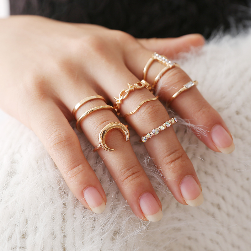 European and American fashion diamond-encrusted ring set, creative moon combination ring 11-piece set, AliExpress wish ring wholesale full figure