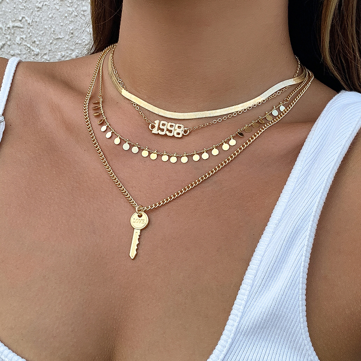 Retro letter key sequin tassel necklace for women, punk geometric snake bone chain necklace, cross-border accessories from Europe and America full figure