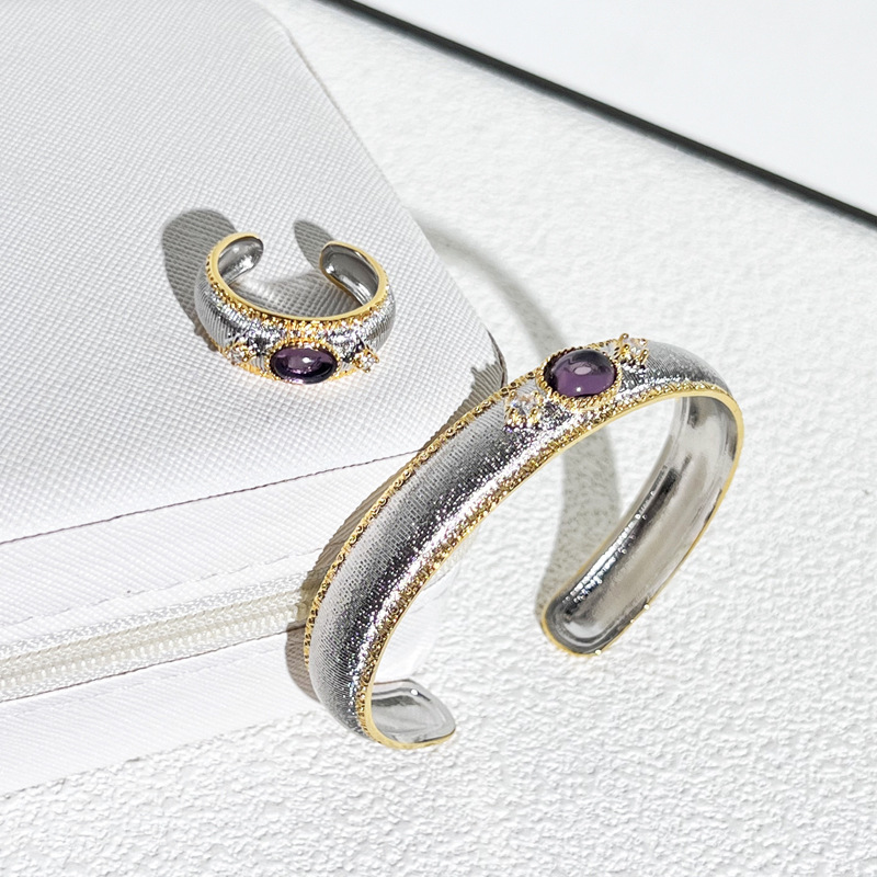 vintage purple stone oval wide brushed bracelet ring set for women, with a touch of light luxury and sophistication in a court style Specification drawing