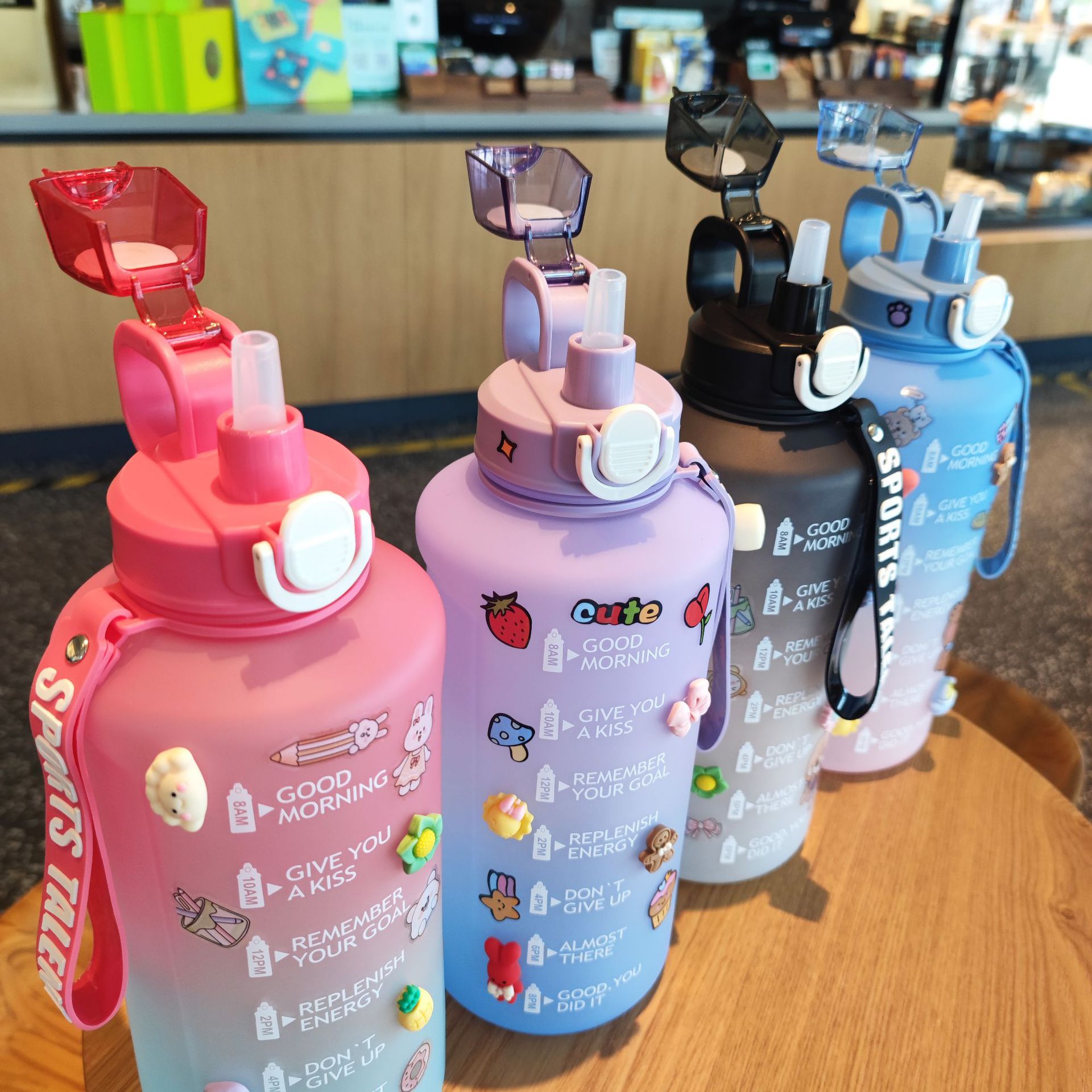 Cross-border large-capacity water bottles, plastic straw cups, popular stickers, high appearance level, gradient color water bottles, portable drawstring water cups details Picture