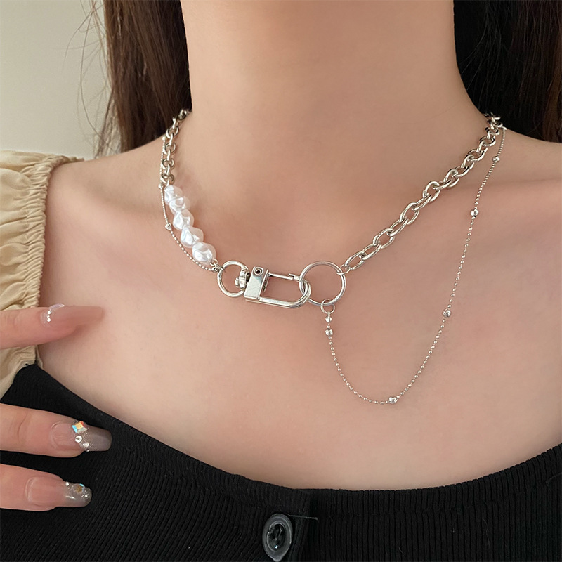 Double-layer freshwater pearl spliced necklace for women in Instagram, trendy hip-hop punk, titanium steel, non-fading, layered and versatile collarbone chain details Picture
