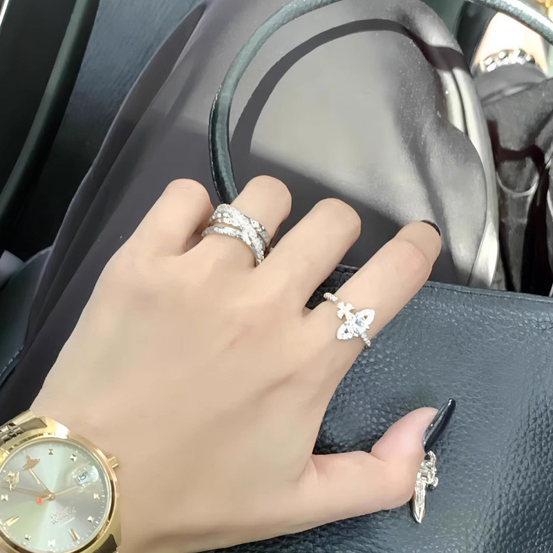 French-style planetary temperament and personality open ring for women on Instagram, cold style and light luxury zircon fashion layered and versatile ring Specification drawing
