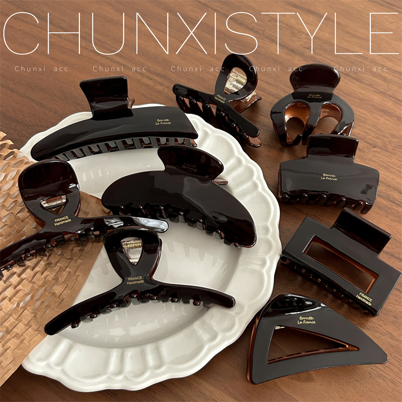 Deep coffee Korean ins chocolate large grab hair clip, high-end style brown hair grab acetate back of the head shark clip Specification drawing