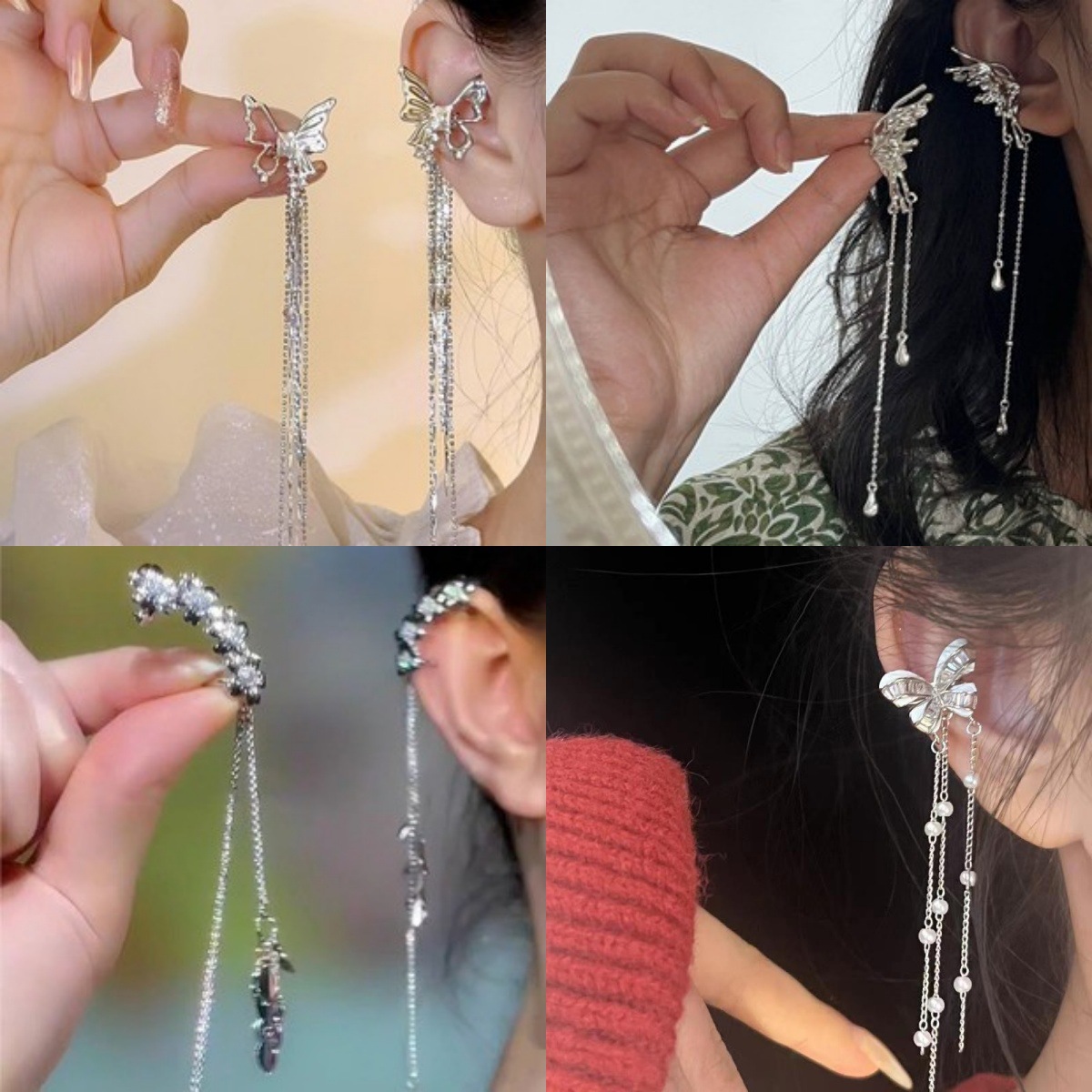 Korean-style ear clips without ear holes, with a high-end and cold design sense, long tassel pearl butterfly ear bone clips for women details Picture