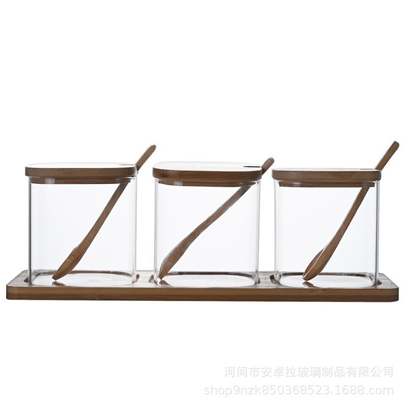 Wholesale glass square wooden spoon storage jars, square glass seasoning jars, transparent candy and food storage sealed jars Item Picture