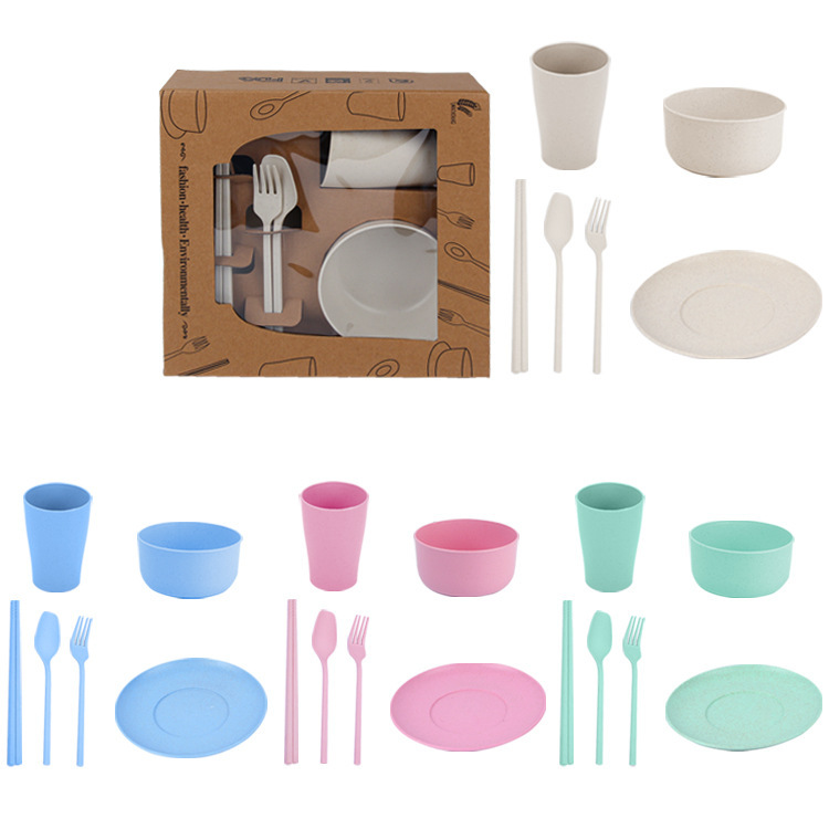 Cross-border Amazon wheat bowl, cup and plate portable tableware, paper box packaging, knife, fork, spoon, salad plate set, gift set Item Picture
