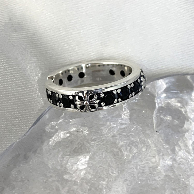 Hip-hop aged cross black zircon inlaid open ring, trendy and niche design, high-end and personalized ring details Picture
