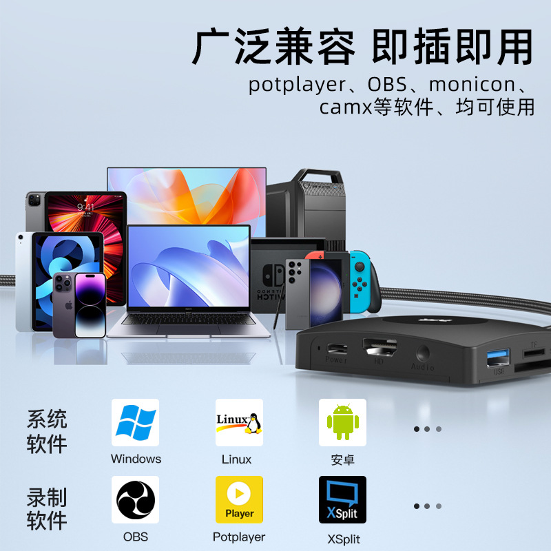 TYPE-C Video capture expansion dock 1080P/60HZ high-definition capture card USB HUB card reader adapter cable Application Scenario