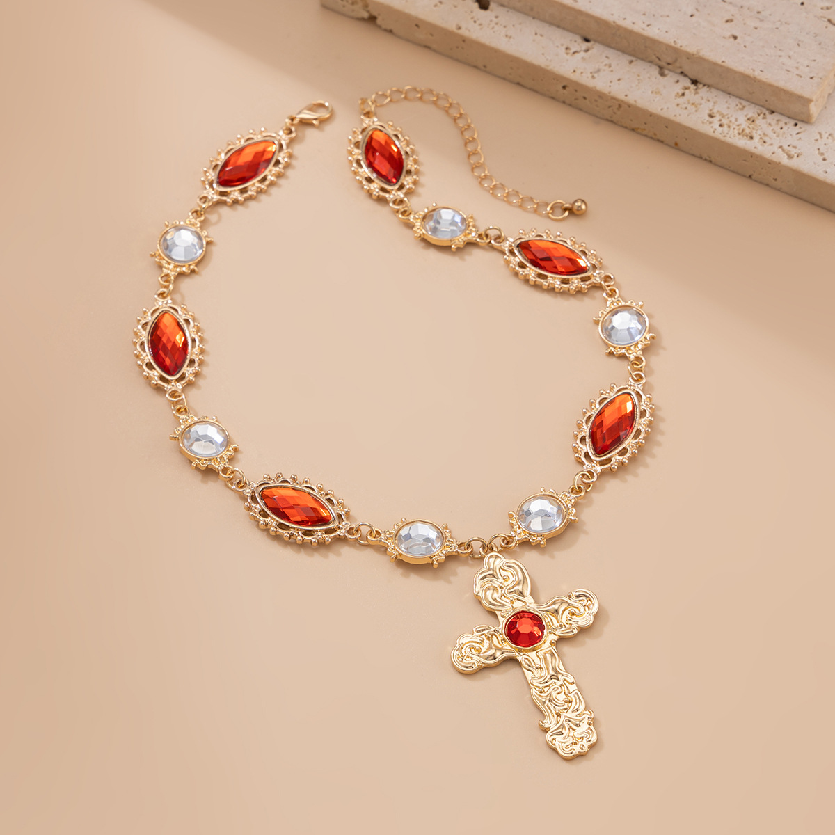 European and American cross-border jewelry, court-style cross alloy pendant necklace, retro set with red gemstones collarbone chain Application Scenario