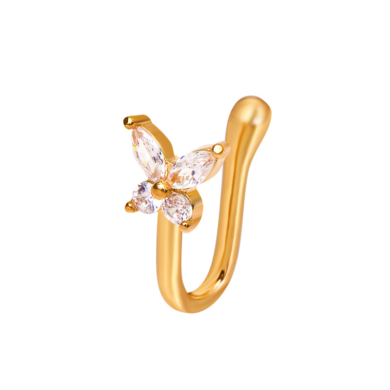 Cross-border European and American butterfly non-perforated nose clip and nose ring, retro and fashionable copper inlaid zircon U-shaped nose stud piercing accessory for women Item Picture