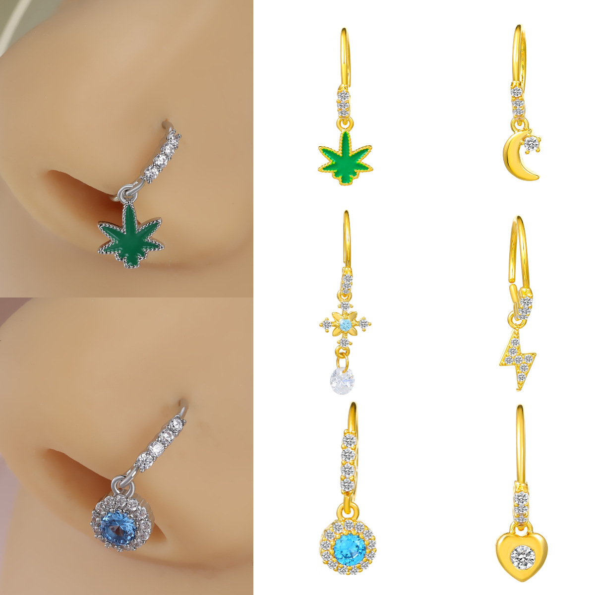 New European and American diamond-encrusted heart-shaped butterfly nose ring and nose decoration creative star moon lightning pendant nose ring piercing accessory full figure