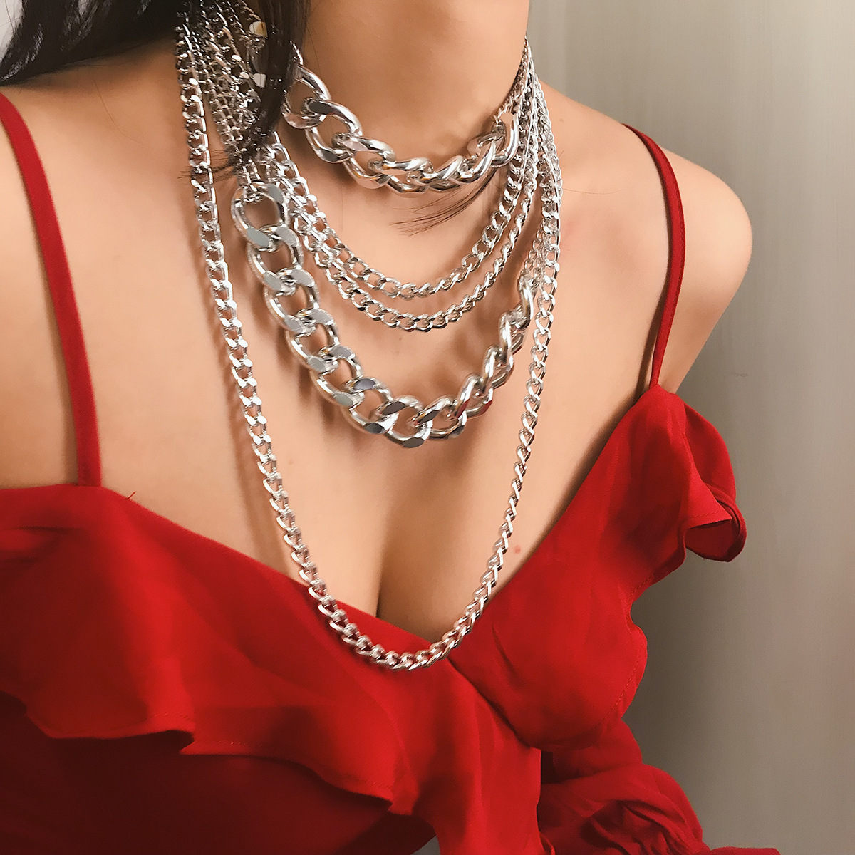 European and American cross-border jewelry, simple punk hip-hop mixed and matched necklace, women's exaggerated multi-layer tassel metal chain necklace Specification drawing