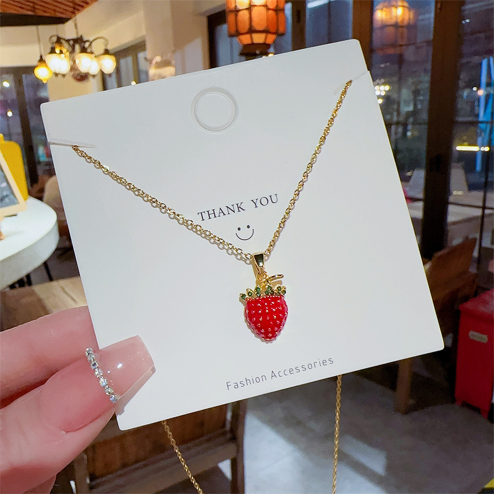 Cute and sweet strawberry titanium steel necklace pendant, girlish and fresh, niche design sense collarbone chain, versatile necklace details Picture