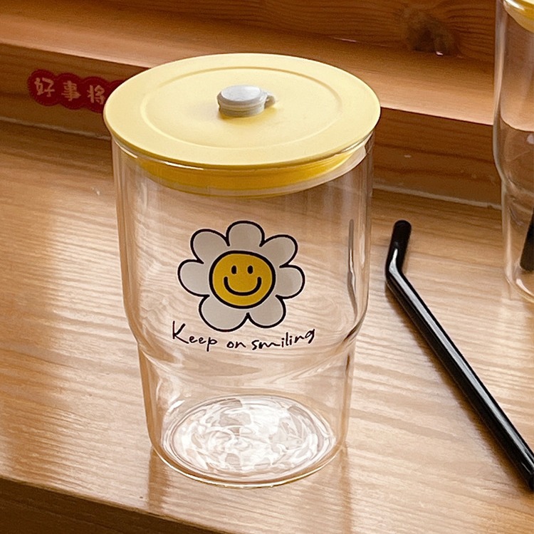 Bolimei Korean InS-style smiling glass straw cup, girlish water cup, student drinking cup, glass cup Specification drawing
