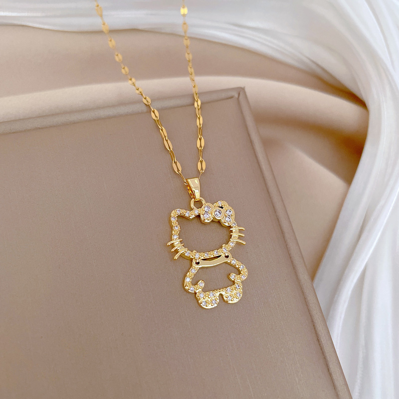 【 Titanium Steel 】 Hollow cat, light luxury, luxurious, full diamond necklace, versatile for women, collarbone chain, titanium steel chain Specification drawing
