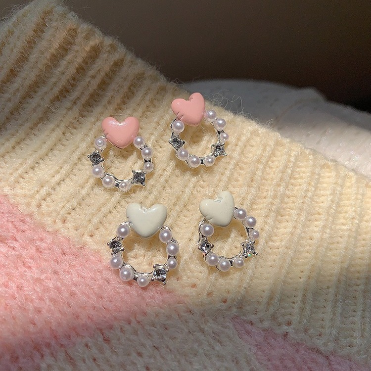 Pink heart-shaped stud earrings ~ Sweet and girlish pearl ballet-style earrings 2025 new star sparkling diamond earrings trend Specification drawing