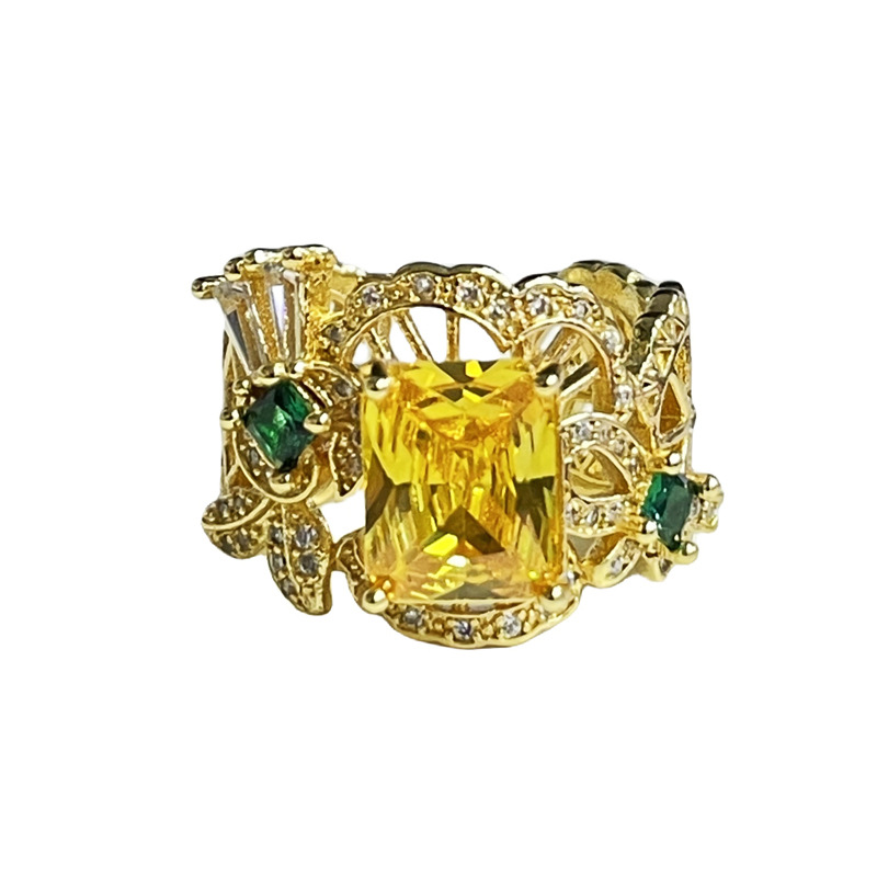 Cross-border colored gemstone retro hollowed-out opening ring for women's Instagram, a niche high-end, light luxury, trendy and versatile food ring Item Picture