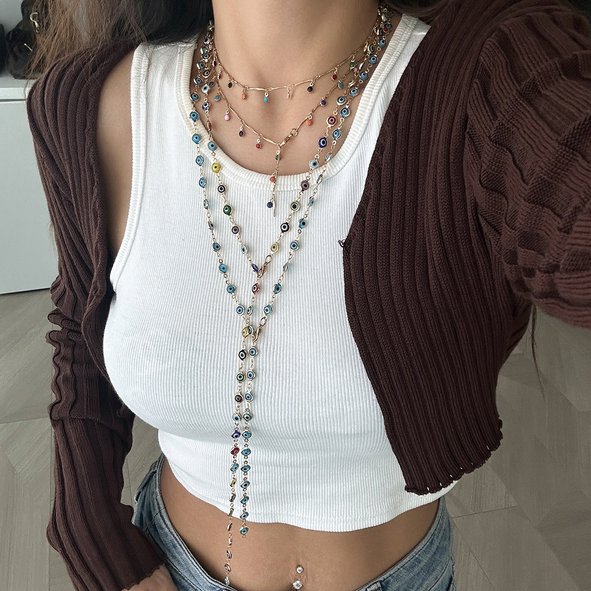 European and American cross-border jewelry, fashionable color crystal Y-shaped necklace, simple geometric multi-layer tassel collarbone chain full figure