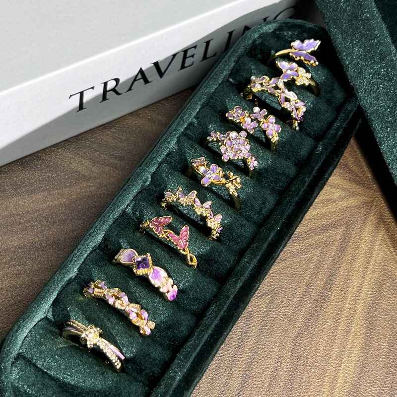 French retro golden butterfly dreamy purple flower open ring, a delicate, sweet, cool and high-end niche index finger ring for women Specification drawing