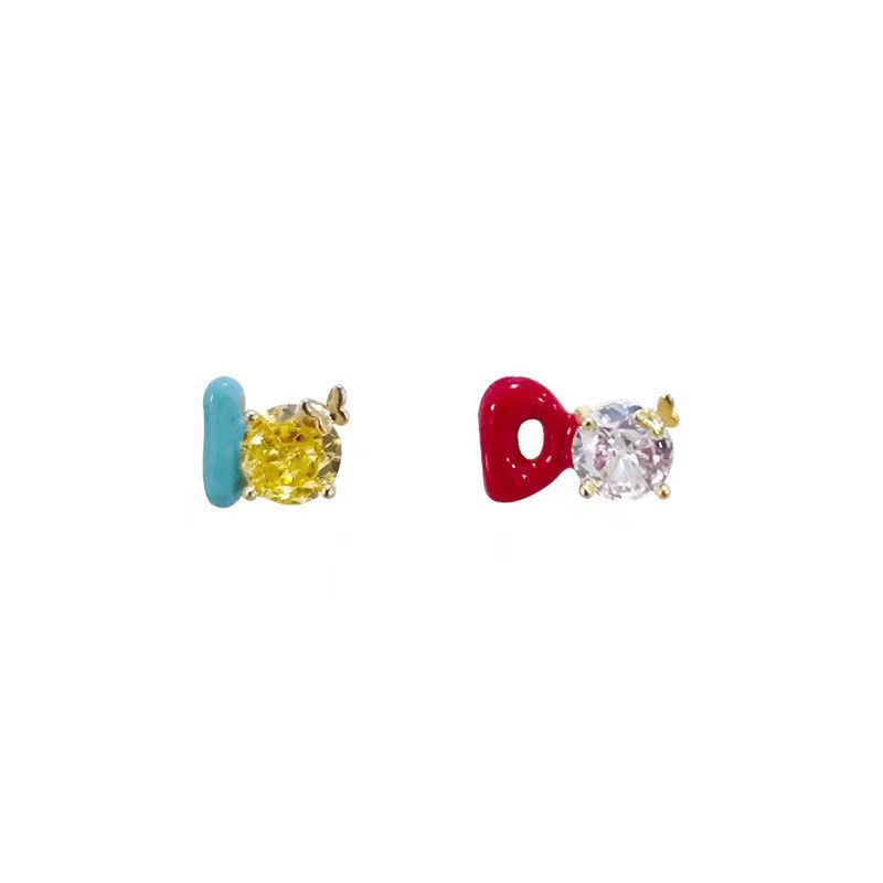 Graffiti color asymmetrical letter stud earrings, small sparkling diamond oil drip, versatile daily earrings, 2025 new Spring/Summer for women Item Picture