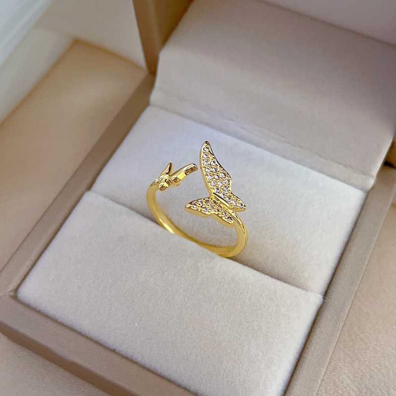 【 Real gold electroplating 】 Open butterfly female fashion micro-inlaid light luxury ring index finger ring, the same style as Internet celebrities, cold style Specification drawing