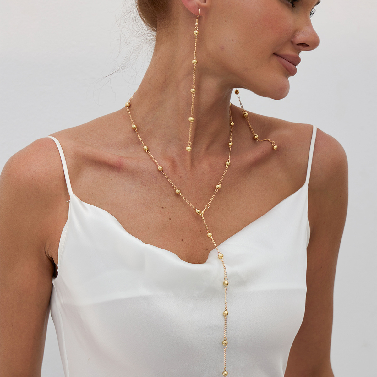 European and American cross-border jewelry fashion Y-shaped round bead necklace simple metal elegant suzhou fine chain necklace for women full figure