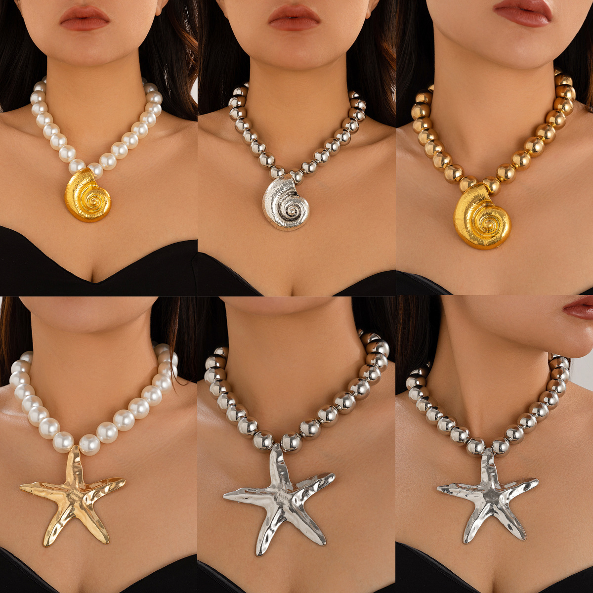 European and American ocean-style mermaid conch large pendant necklace women 's cross-border wholesale imitation pearl necklace starfish necklace full figure